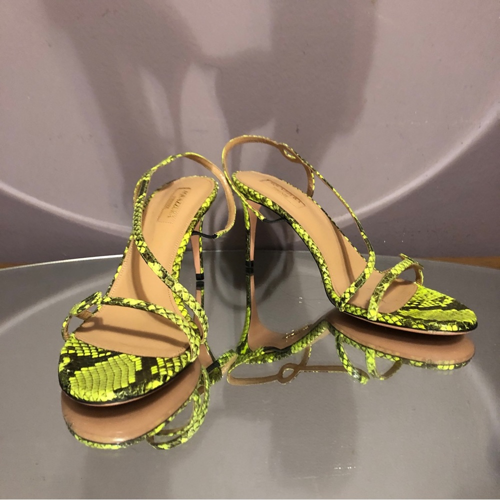 Aquazurra Snakeskin Sandals Open Thin Straps Slingback Heels Neon Green 38 8